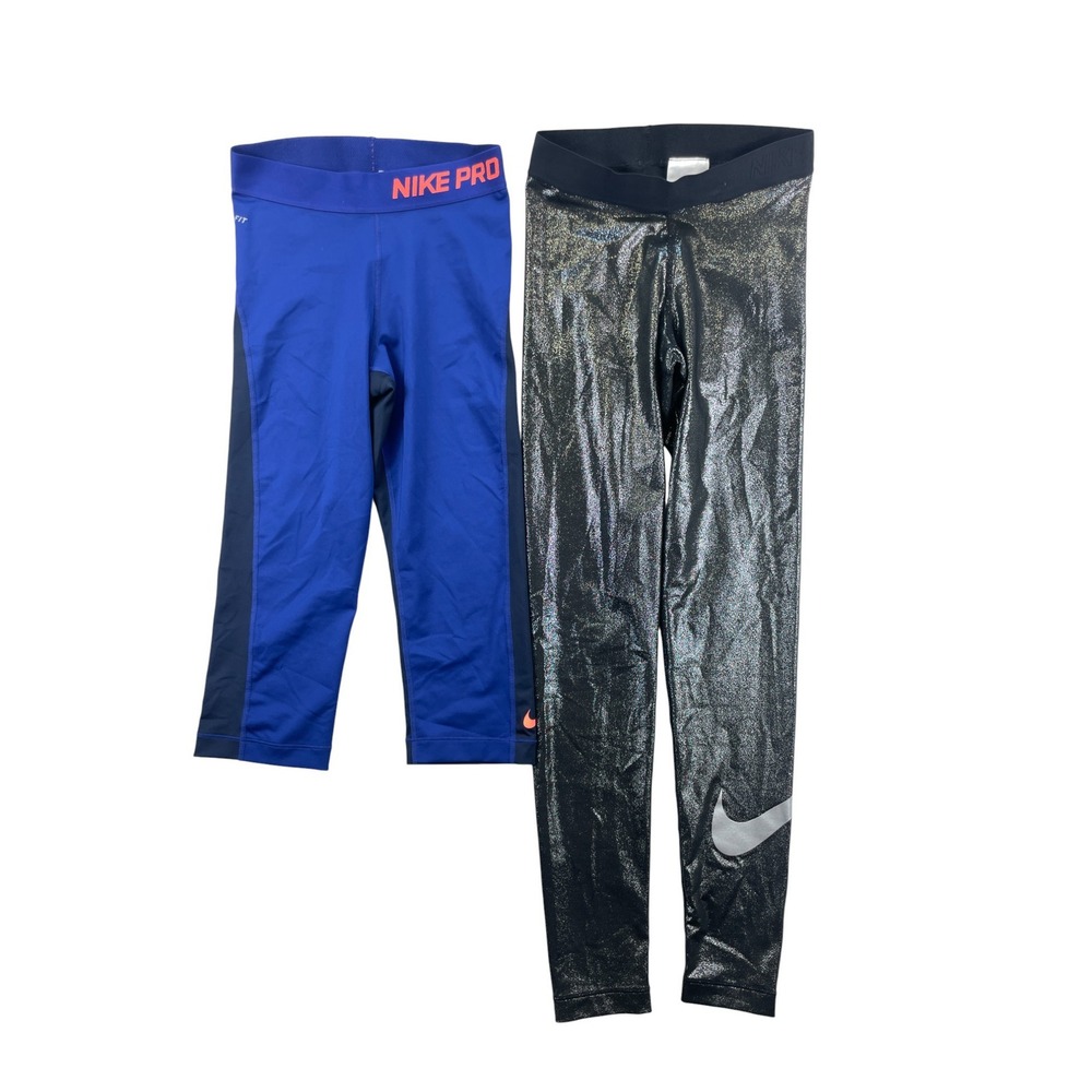 Nike Pro Girls XS Capri Leggings Lot 2pc Metallic Sparkle‎ Athletic Active